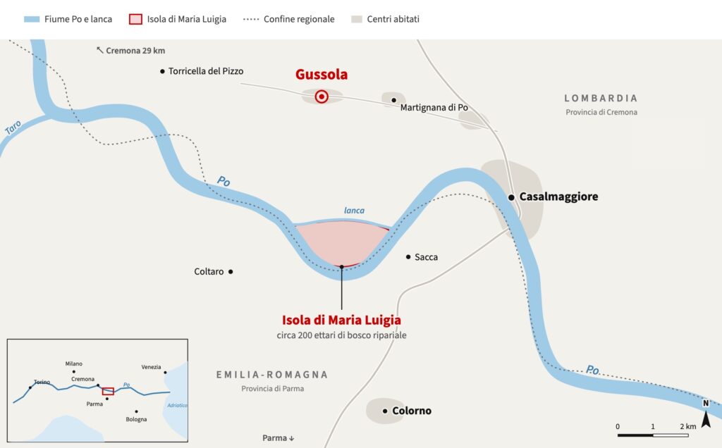 Mappa tratto di Po vicino a Gussola